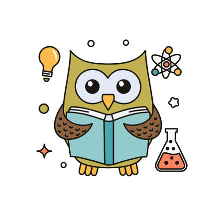 Doodle illustration of a cute owl reading a science textbookのイラスト素材