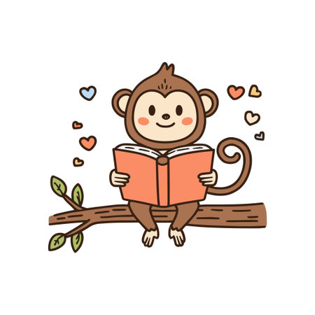 Doodle illustration of a cute monkey reading a book on treeのイラスト素材