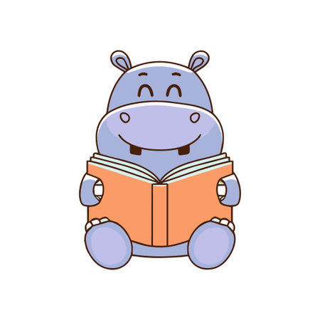 Doodle illustration of a cute hippo reading a bookのイラスト素材