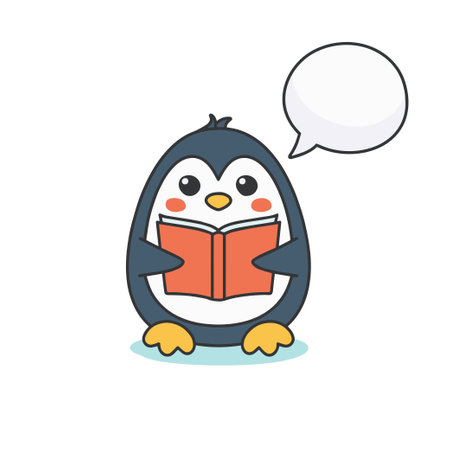 Doodle illustration of a cute penguin reading a book with speech bubbleのイラスト素材
