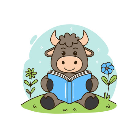 Doodle illustration of a cute buffalo reading a bookのイラスト素材