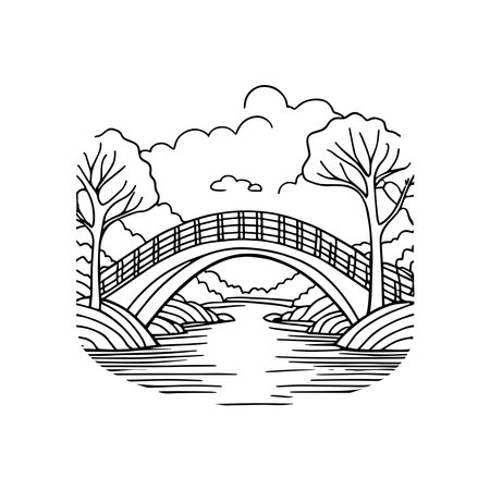 Illustration bridge over a river doodleのイラスト素材