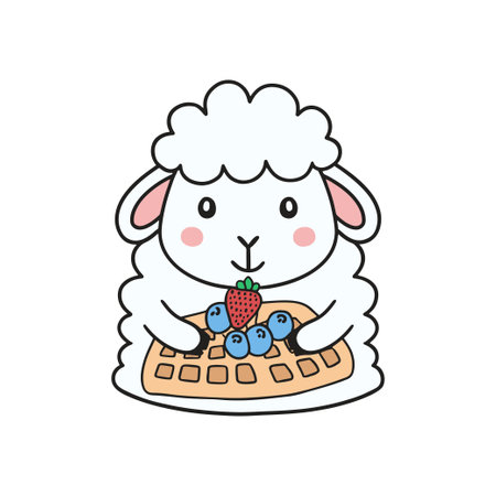 Simple illustration of cute sheep eating a waffle with berriesのイラスト素材