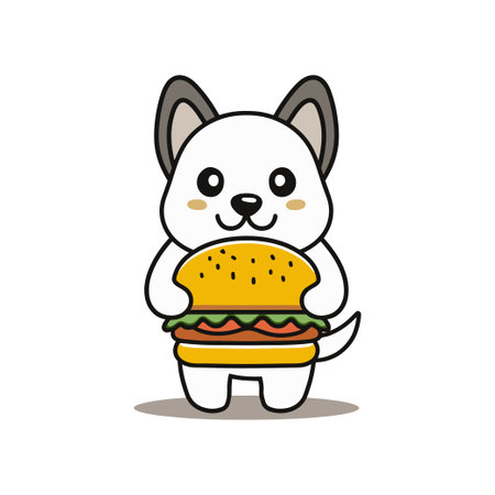 Simple illustration of cute dog holding a burger with lettuce and tomatoのイラスト素材