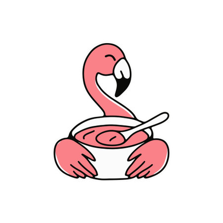 Simple illustration of cute flamingo holding a soup bowl with a spoonのイラスト素材