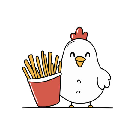 Simple illustration of cute chicken with a container of French friesのイラスト素材