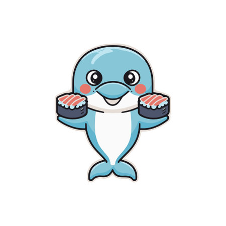 Simple illustration of cute dolphin eating sushi