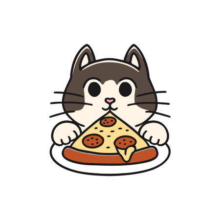 Simple illustration of cute cat eating a pizza sliceのイラスト素材