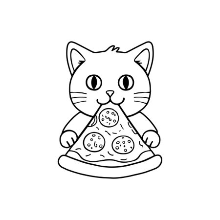 Simple illustration of cute cat eating a pizza sliceのイラスト素材