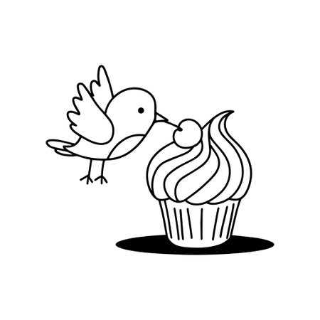 Simple illustration of cute bird pecking a cupcake with a cherry on topのイラスト素材