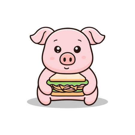 illustration of cute pig eating a sandwichのイラスト素材