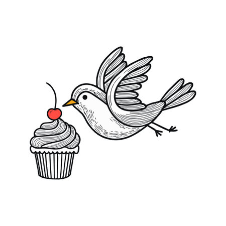 Simple illustration of cute bird pecking a cupcake with a cherry on topのイラスト素材