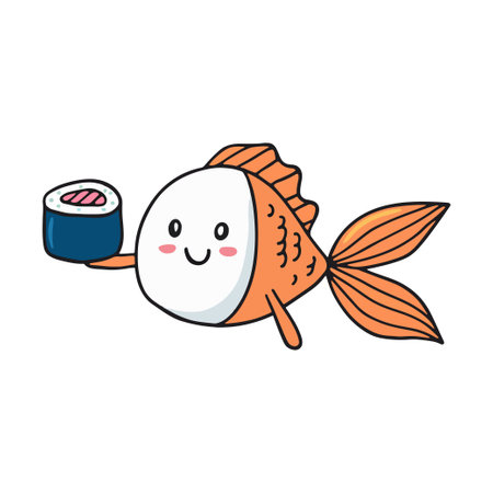 Simple illustration of cute fish holding sushi rollのイラスト素材