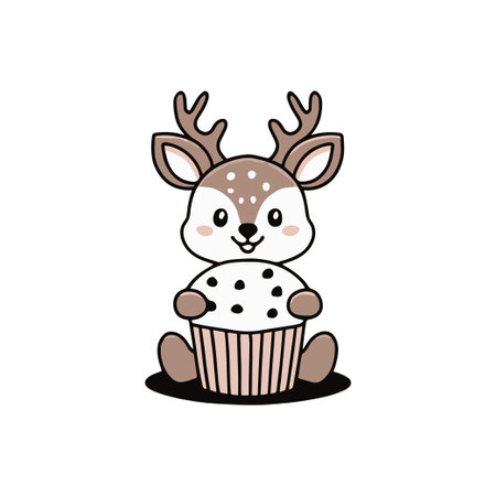 Simple illustration of cute deer with a muffin with chocolate chipsのイラスト素材