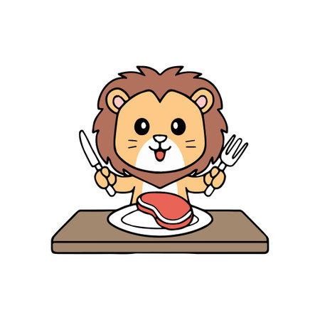 Simple illustration of cute lion eating a steak with a knife and forkのイラスト素材