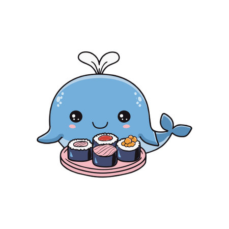Simple illustration of cute whale holding a sushi platterのイラスト素材