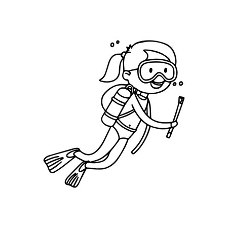 Simple drawing of a woman scuba diver exploringのイラスト素材