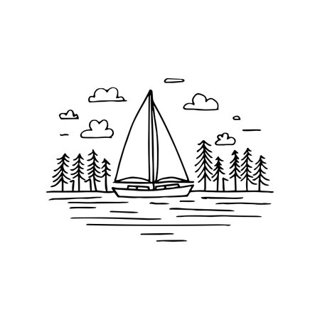 Simple drawing of a sailboat on the water near a pierのイラスト素材
