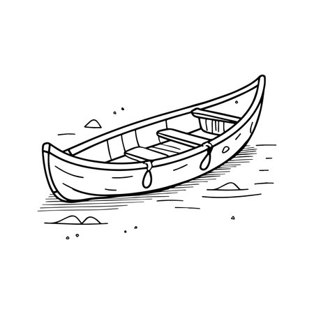 Simple drawing of a canoe by the water beachのイラスト素材