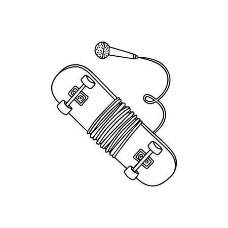 Simple drawing of the microphone cable is wrapped around the skateboardのイラスト素材
