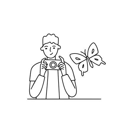 Nature enthusiast snapping a butterfly with point-and-shoot cameraのイラスト素材