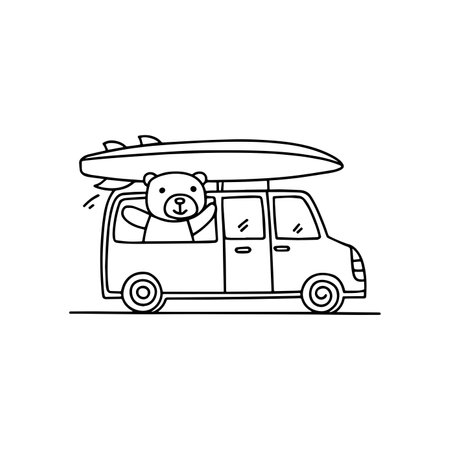Simple drawing of bear driving a van bring a surf boardのイラスト素材