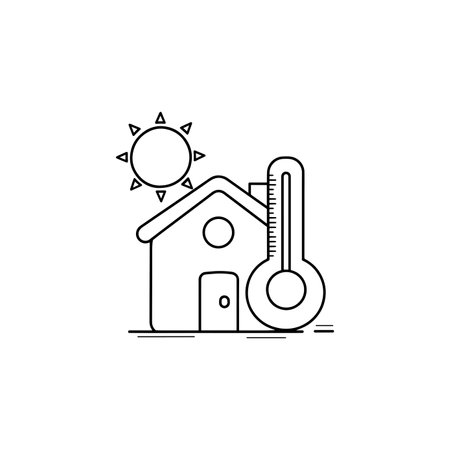 Drawing of house symbol with sun beside hot thermometer indicatorのイラスト素材