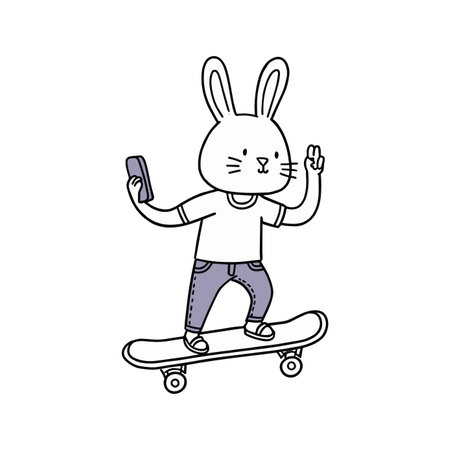 Simple drawing of cool rabbit wear baggy jeans and shirt skateboarding movingのイラスト素材