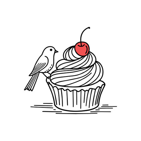 Simple illustration of cute bird pecking a cupcake with a cherry on topのイラスト素材