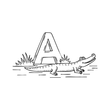 Illustration of the Letter A Beside an Alligator Near a Riverのイラスト素材