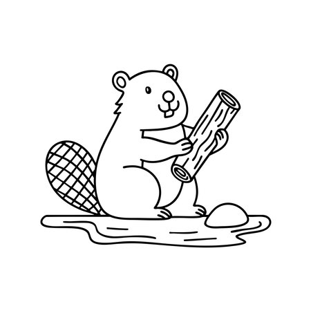 An illustration of a beaver hold log near a river with stoneのイラスト素材