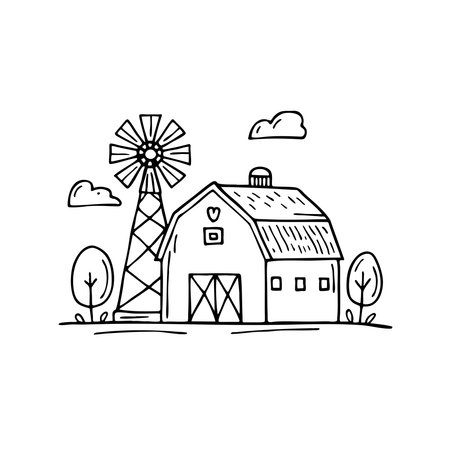 An illustration of a barn with windmill in a rural landscapeのイラスト素材