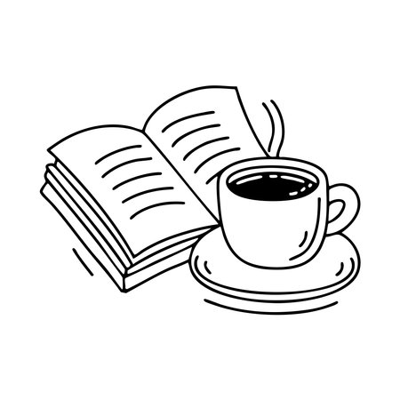 Coffee on a table with an open bookのイラスト素材