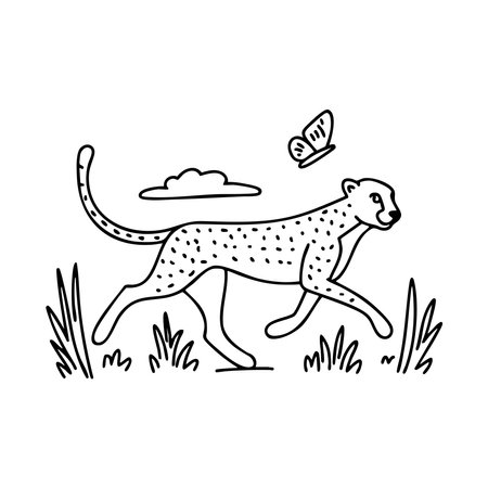 A cheetah chasing after a butterfly across tall grass in an open savannaのイラスト素材