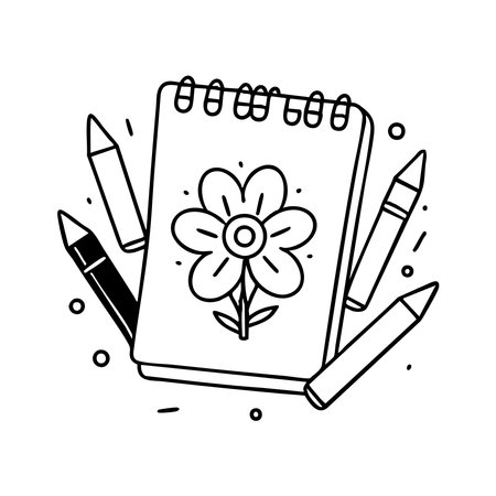 A pack of crayons with sheets of paper flower drawingのイラスト素材