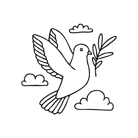Dove flying with an olive branch with cloudsのイラスト素材