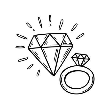 Diamond sparkling with lines around it next to a ringのイラスト素材