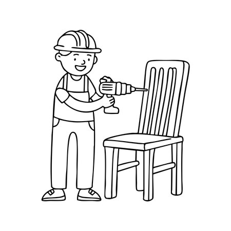Engineer using a drill to assemble a chairのイラスト素材