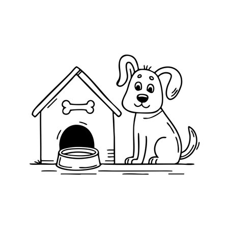 dog with a bone in bowl beside doghouseのイラスト素材