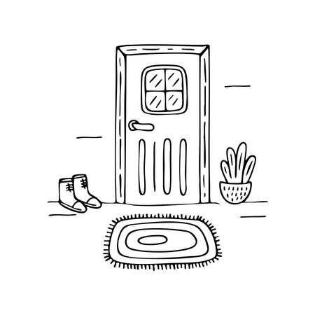 Doormat lying in front of a wooden door with shoesのイラスト素材