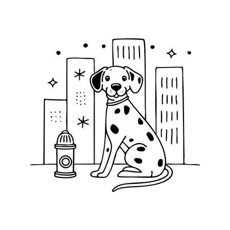 Dalmatian dog sitting with a fire hydrant in the cityのイラスト素材