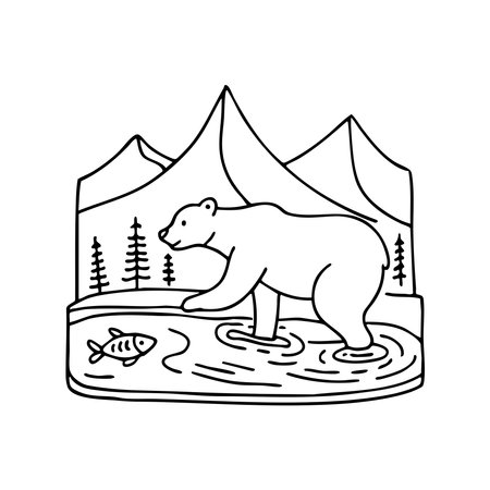Doodle illustration of a grizzly bear catching fish in a mountain riverのイラスト素材