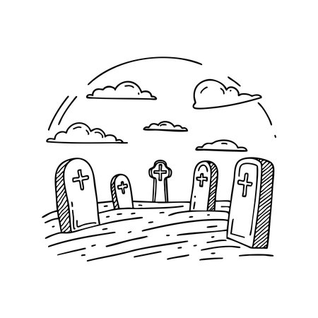 Doodle illustration of a misty graveyard with weathered tombstones scattered aroundのイラスト素材