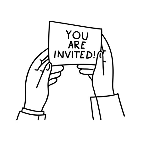 A hand holding a card with the words You are invited written on itのイラスト素材