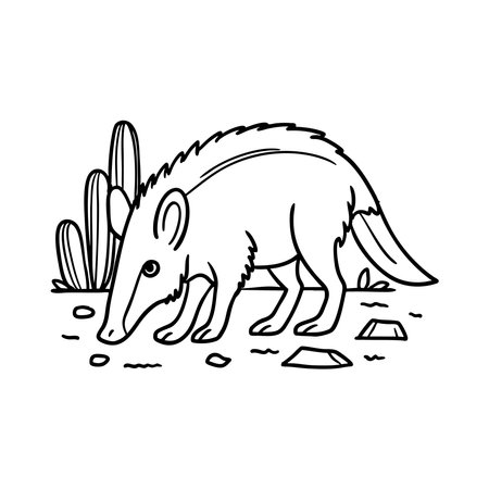 A javelina sniffing the ground in a desert landscape near a scattered pile of desert debrisのイラスト素材
