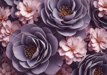 Purple and pink paper flowers background. Floral pattern. Top view.の素材