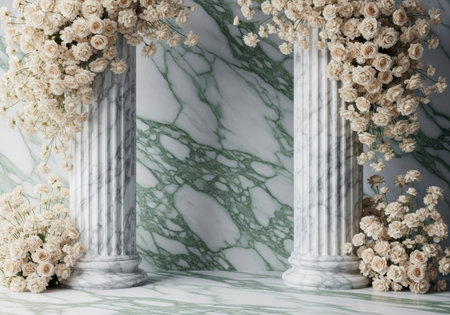 A luxurious backdrop featuring fluted marble columns draped with abundant creamy white roses, creating a romantic and opulent scene.の素材