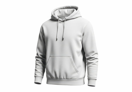 A clean, minimalist white hooded sweatshirt with a kangaroo pocket and drawstring. Perfect for casual wear or customization.の素材