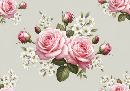 Seamless pattern with pink roses and white flowers. Vector illustration.の素材