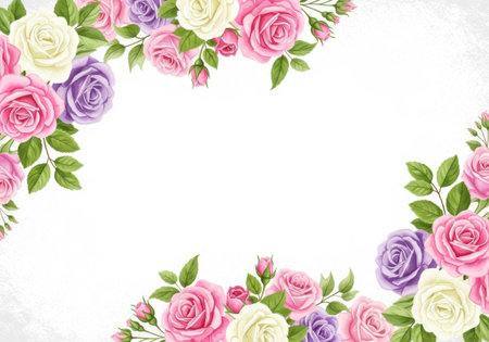 A delicate watercolor floral arrangement featuring pink, purple, and cream roses with green leaves, forming a decorative border on a white canvas.の素材